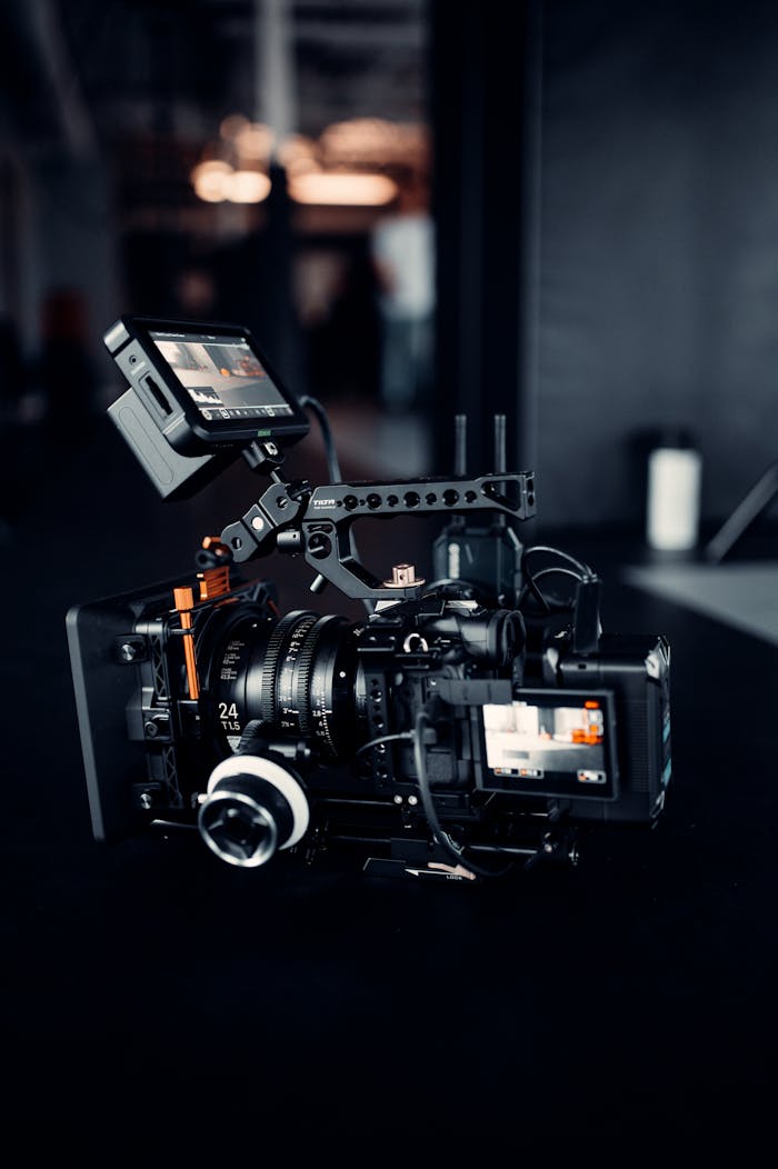 High-quality digital camcorder with mounted accessories in a professional studio environment.